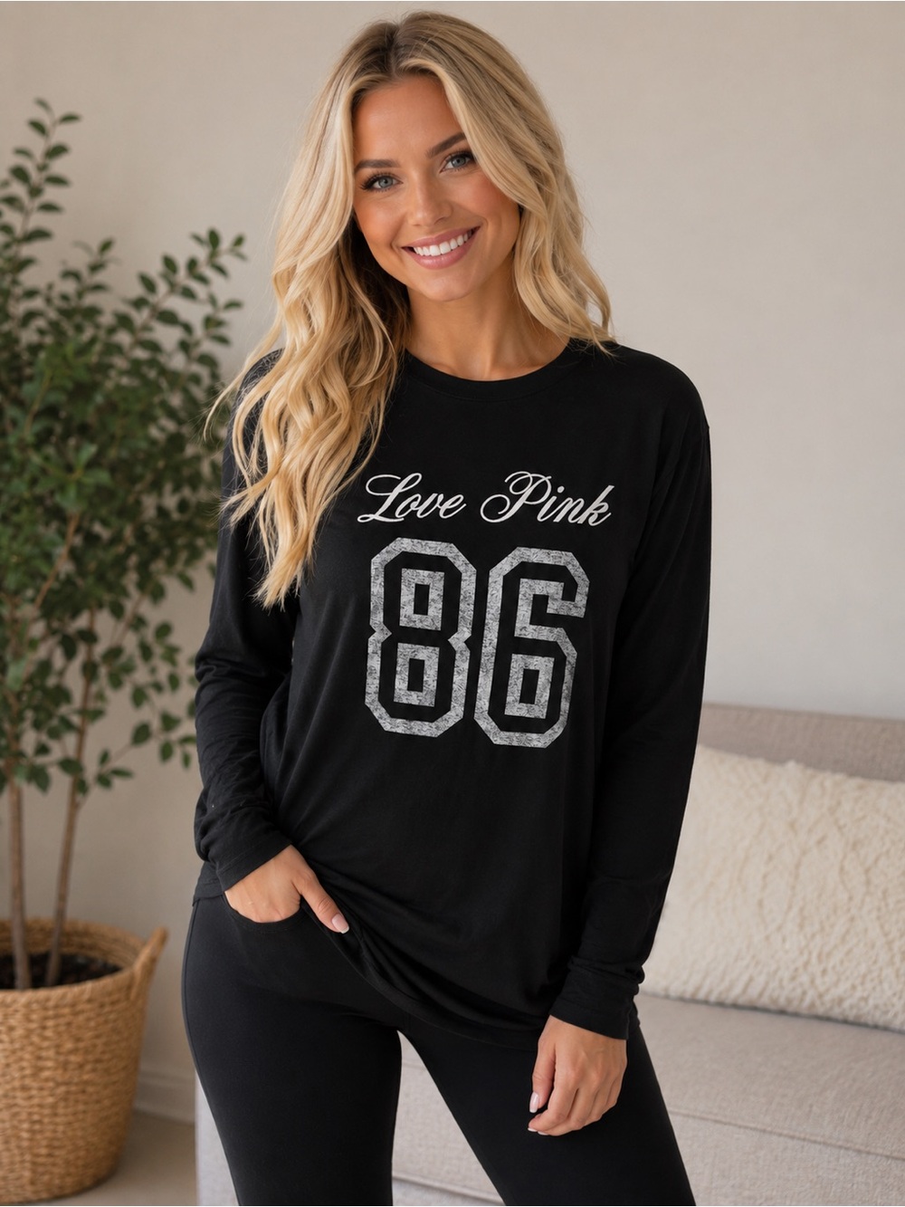 PINK Victoria’s Secret Love Pink 86 Graphic Long Sleeve Tee Black
